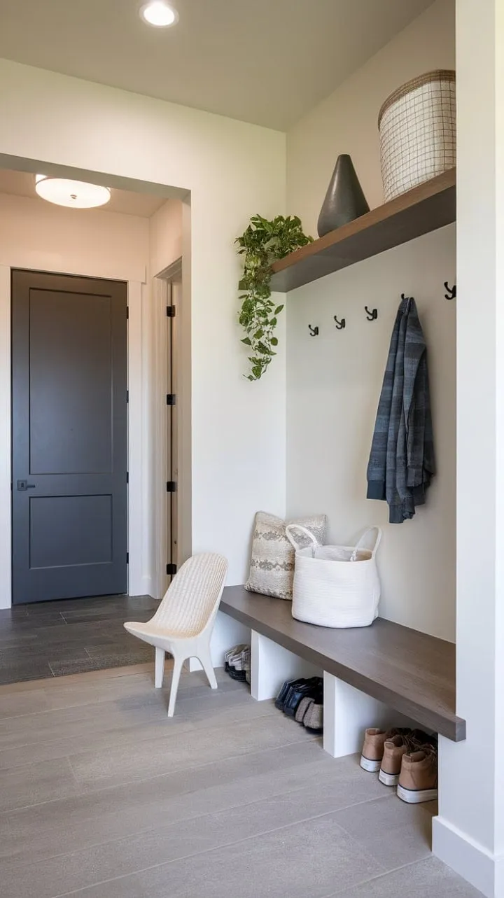 This minimalist mudroom harmoniously combines clean lines, soothing neutrals, and functional elements to create a stylish yet practical retreat.
