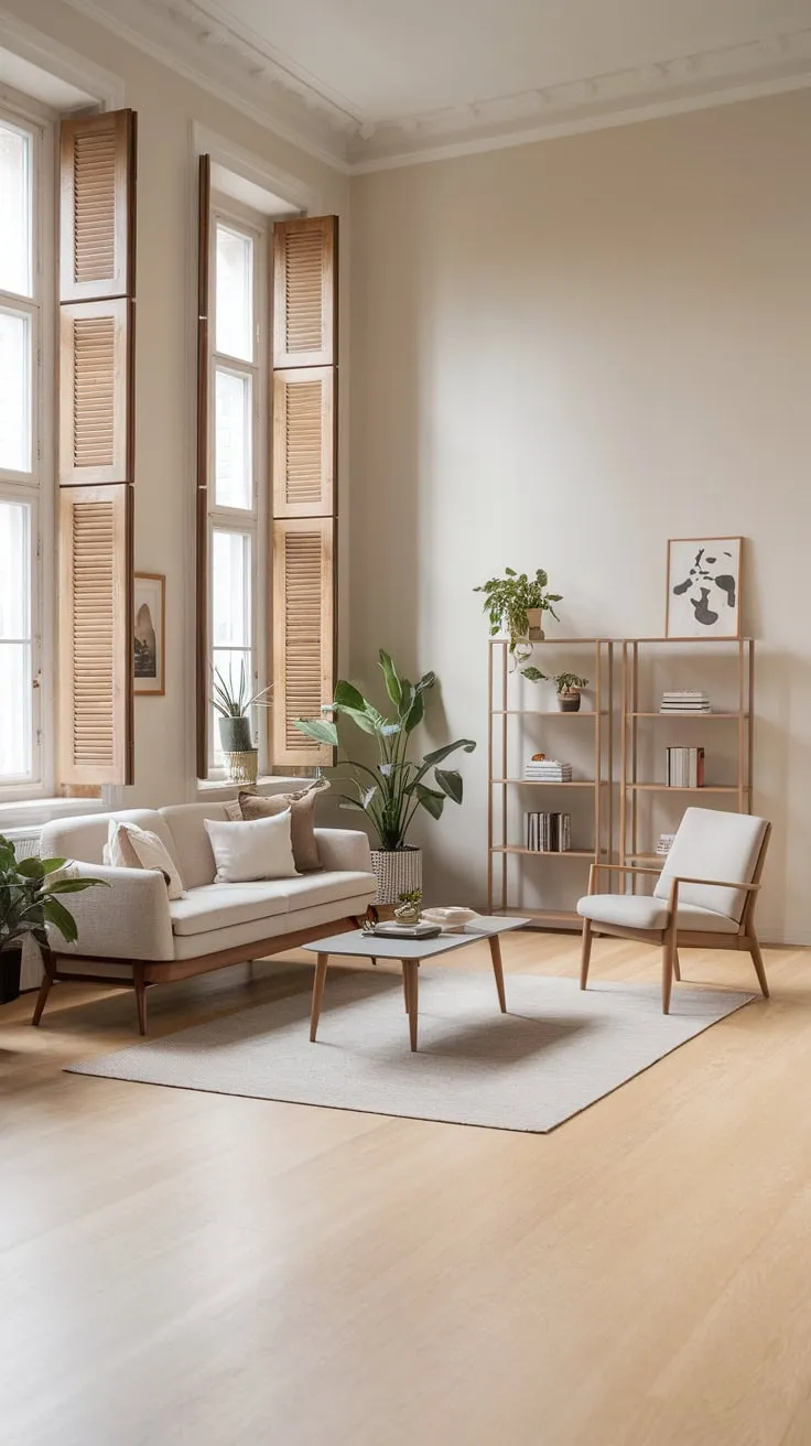 A serene modern living room features light wood, white walls, and sparse furniture for a peaceful minimalist aesthetic.