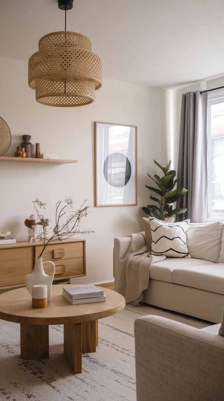 Organic neutral tones and minimalist wood decor create a calm and stylish atmosphere in this compact modern living room.