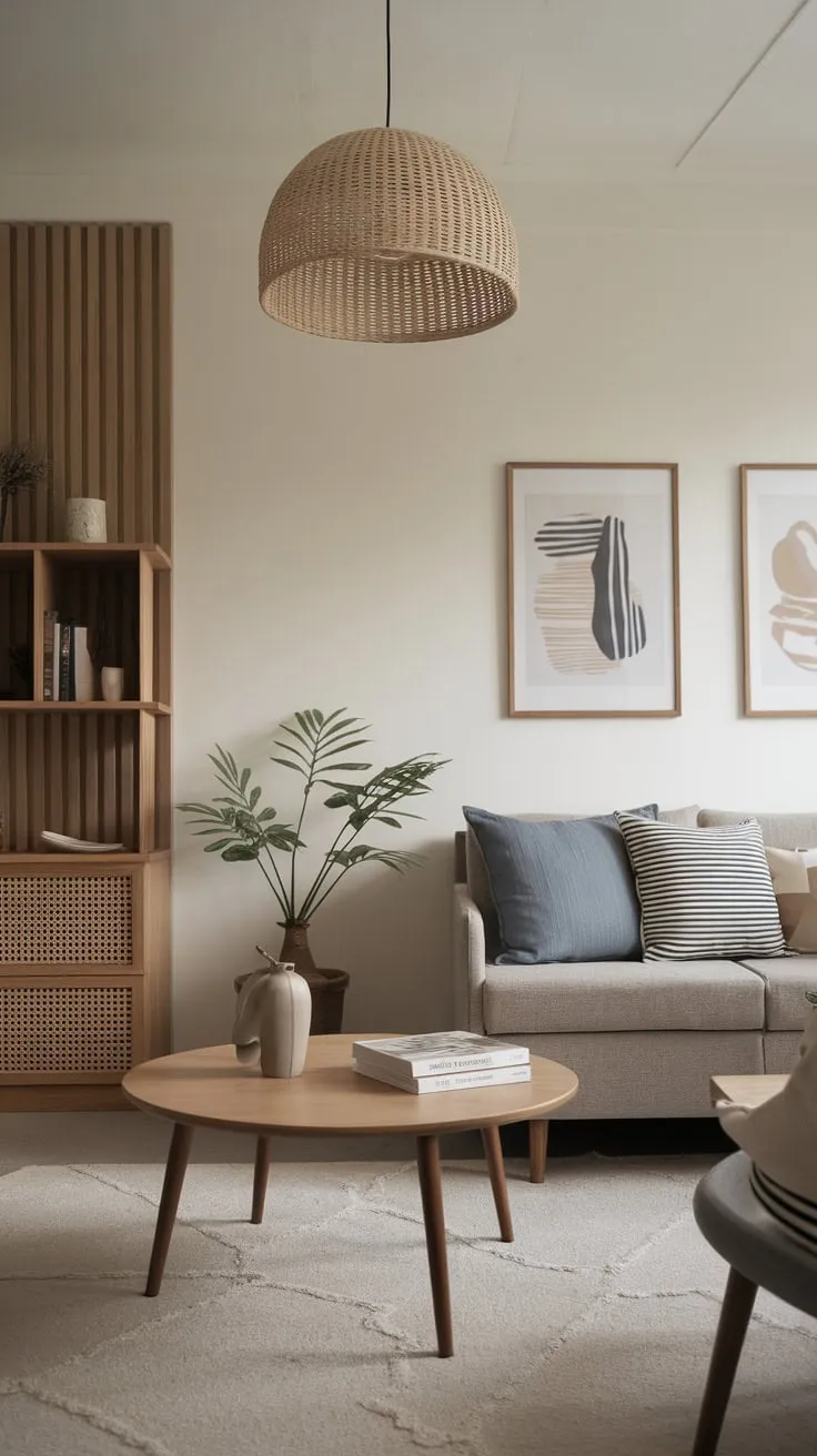 Organic modern style defines this small, neutral living room's minimalist aesthetic with warm wood details.