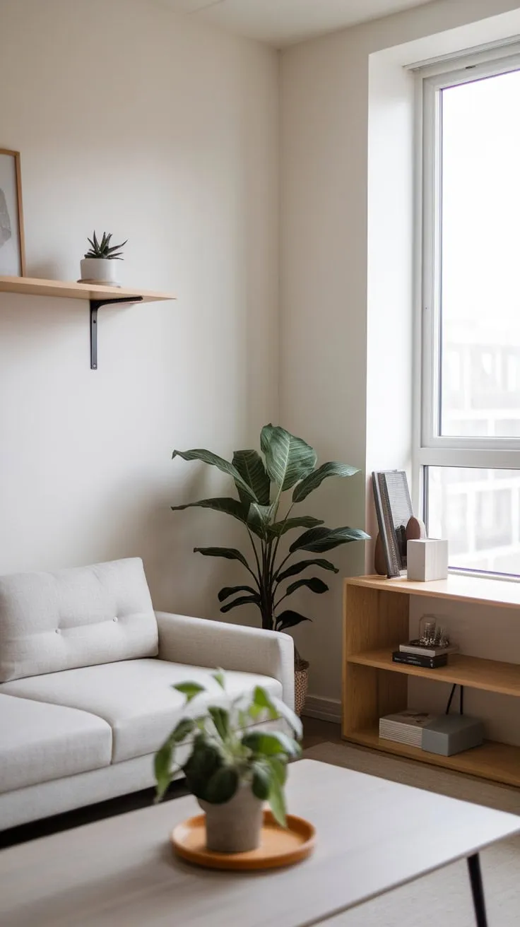 Sunlight streams into a minimalist, organic modern living room featuring neutral tones and simple wooden accents.