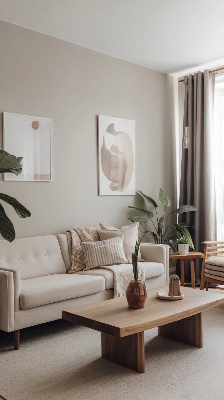 A light grey-walled one-bedroom apartment boasts a minimalist modern living room featuring a beige sofa, wooden accents, and greenery.