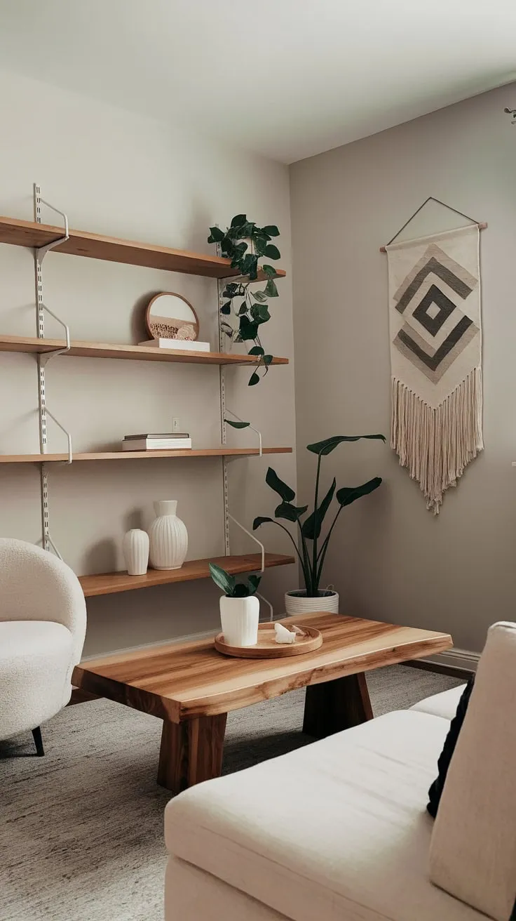 Minimalist design meets cozy comfort in this small neutral living room, showcasing a calming palette of beige, grey, and wood tones.