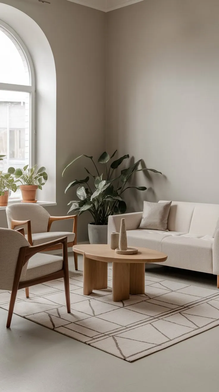 Light grey walls and a geometric rug accent a minimalist beige living room, grounded by a wooden coffee table and punctuated with greenery.