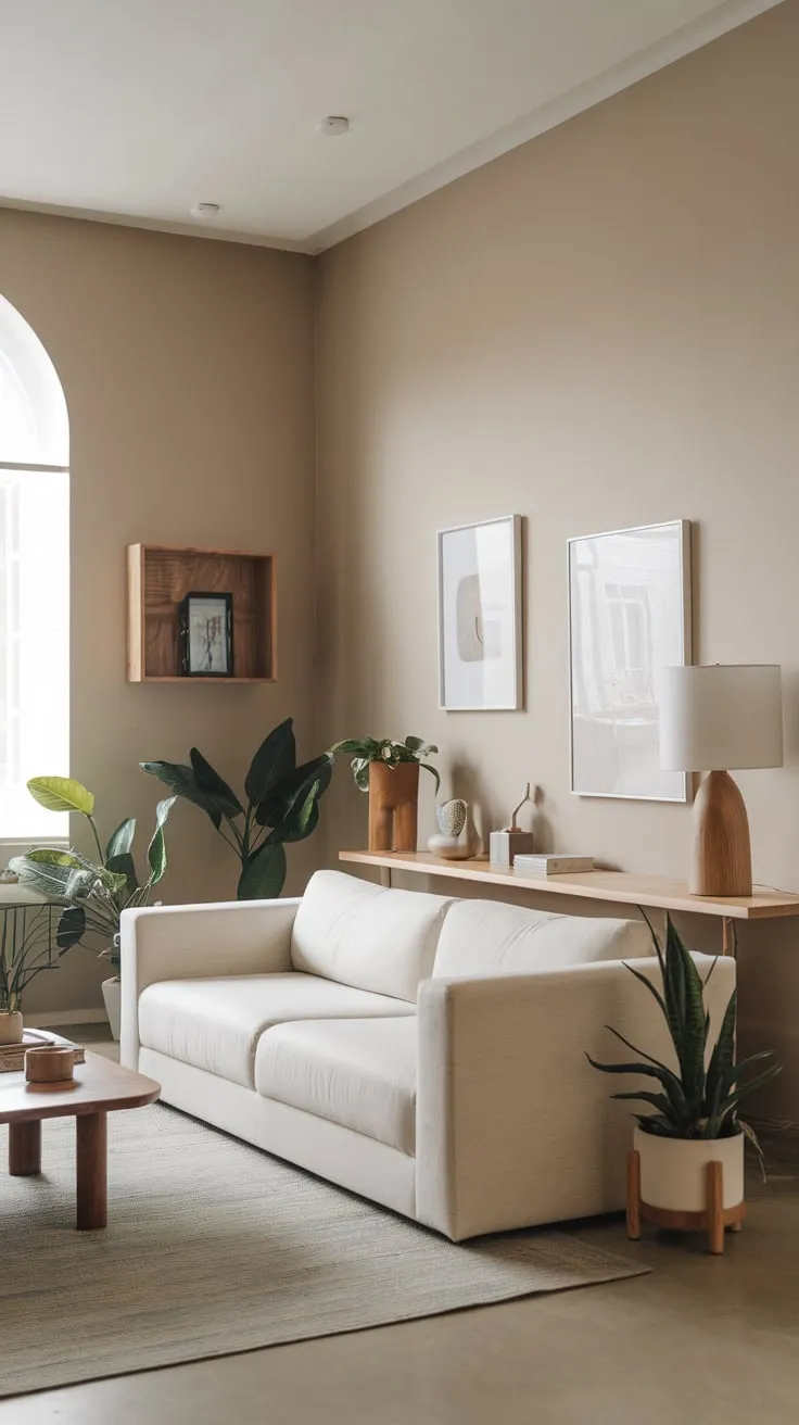 A calming modern living room features a neutral palette, minimalist design, and pops of greenery.