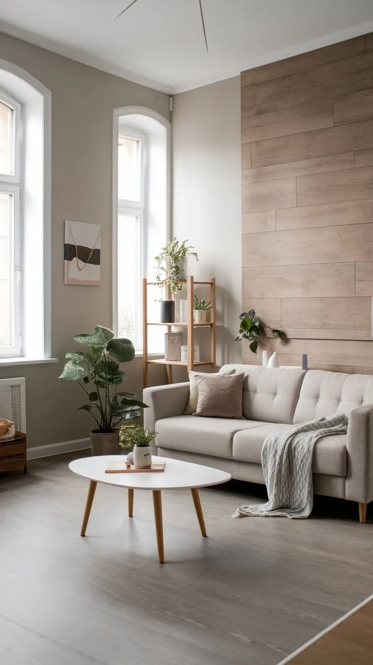 A serene modern living room features a neutral palette, wood flooring, and minimalist decor for a calming atmosphere.