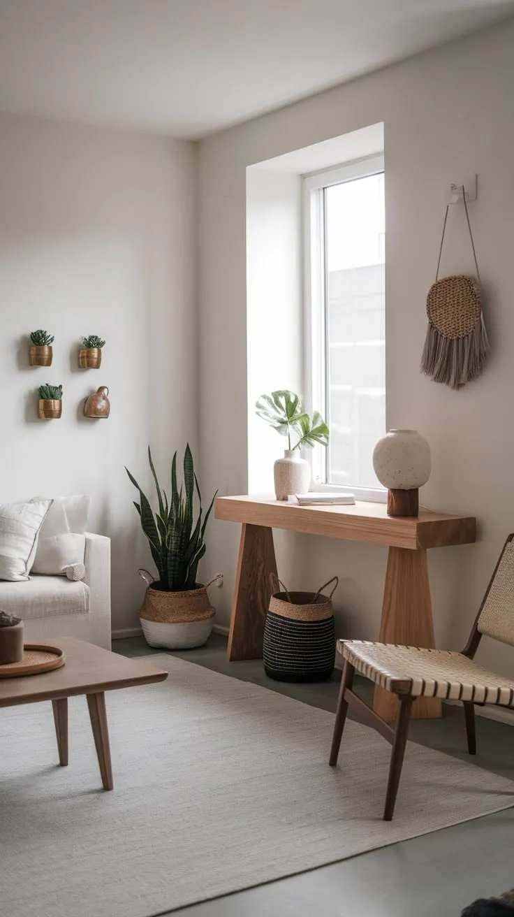 Organic modern accents and a neutral palette define this small, calming living room's minimalist style.