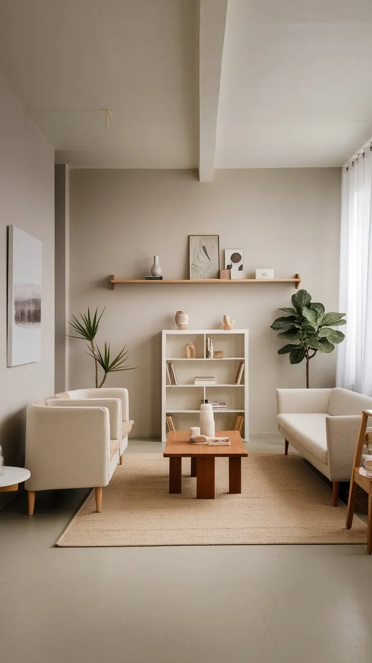 Clean lines, neutral tones, and carefully curated décor define this airy, minimalist modern living room.