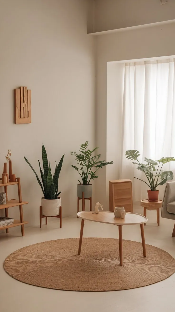 A minimalist modern living room, featuring neutral tones and sparse furniture, creates a warm and inviting atmosphere.