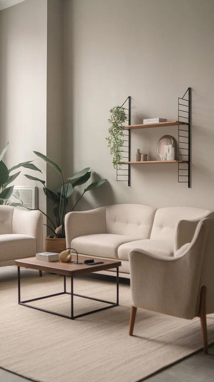 This serene minimalist living room, adorned with natural wood and gentle greenery, exemplifies the beauty of understated elegance in a tranquil sanctuary.