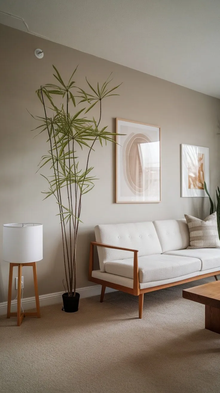 This serene one-bedroom apartment features a minimalist living room adorned with organic modern decor, where a neutral palette and natural textures harmoniously create understated elegance.
