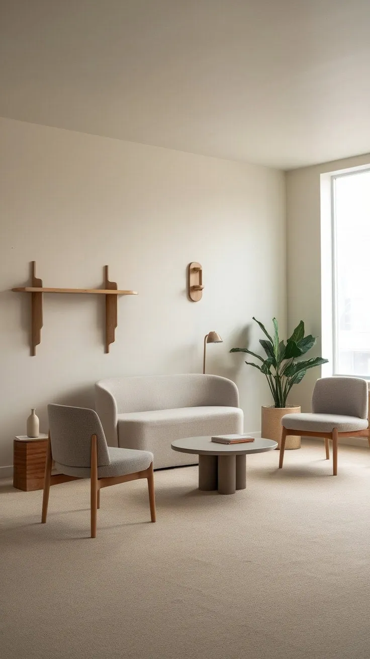 This serene minimalist living room embodies understated elegance, showcasing refined taste through a curated selection of furniture and accessories in a sunlit, tranquil space.