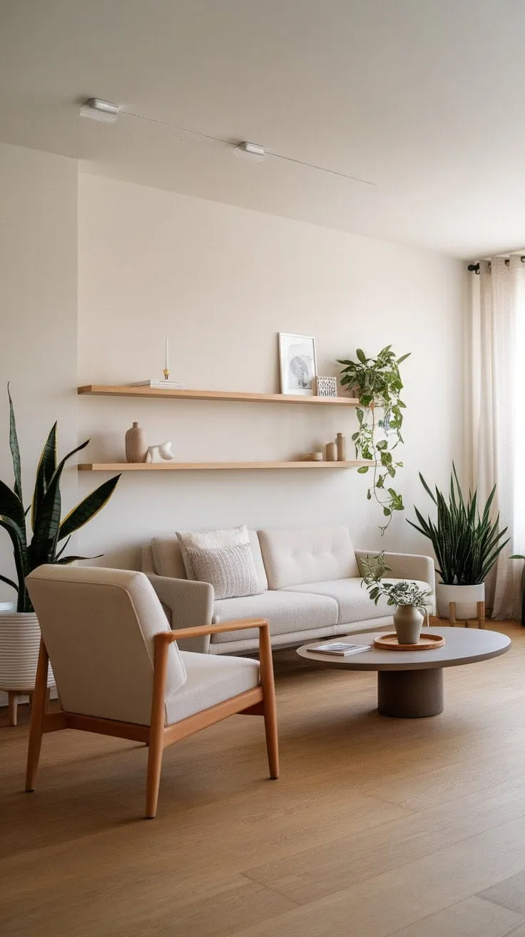 This minimalist living room masterfully blends comfort and style, showcasing the beauty of simplicity through curated furniture and vibrant greenery.