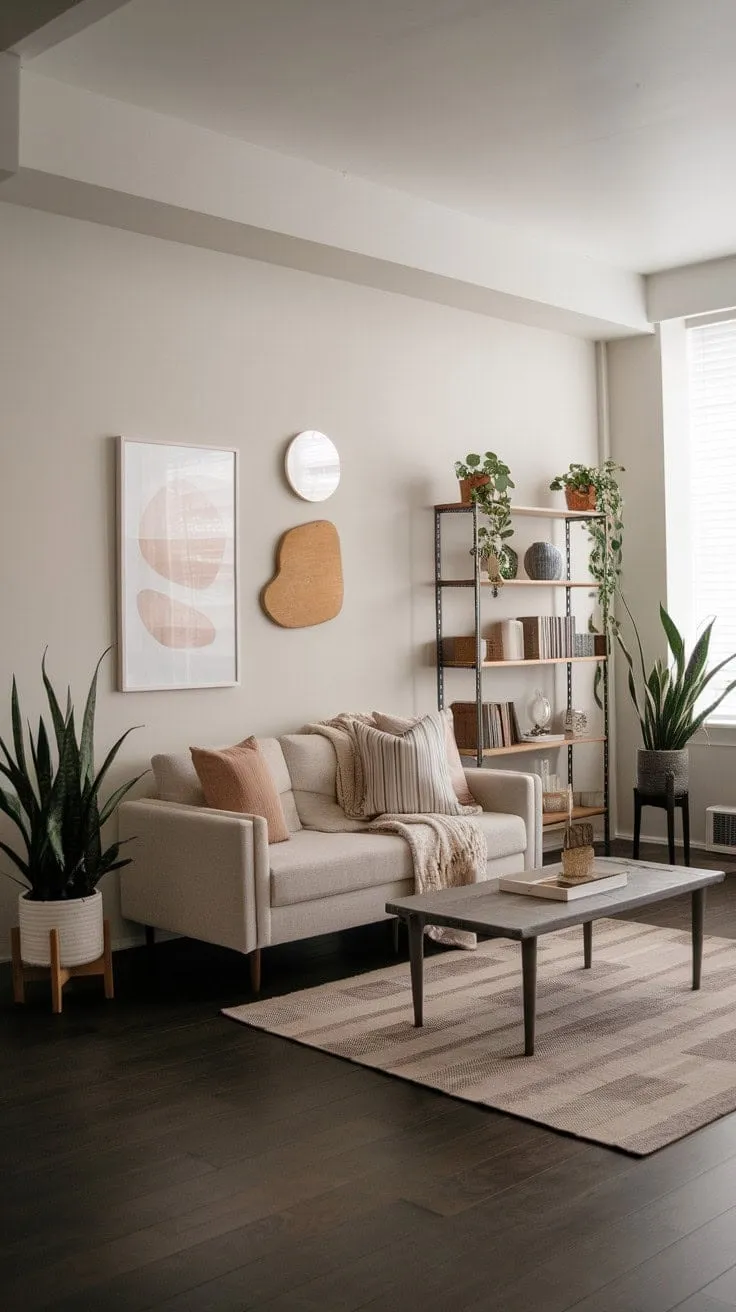 This one-bedroom apartment harmoniously blends organic modern decor with minimalist elegance, featuring dark wood floors that beautifully contrast with airy white walls for a serene sanctuary.