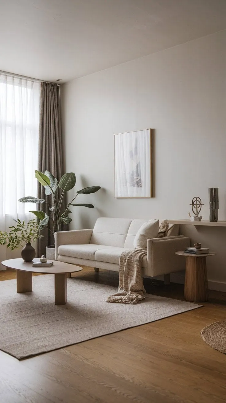This minimalist living room exudes understated sophistication with its organic shapes, neutral tones, and a thoughtful arrangement that creates an airy, inviting atmosphere.