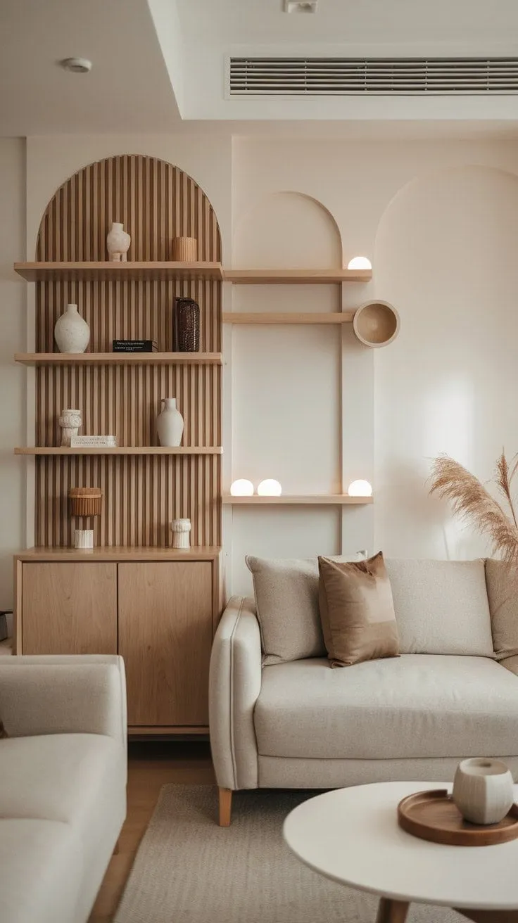 This thoughtfully designed one-bedroom apartment living room embodies a serene sanctuary with its organic modern aesthetic, neutral tones, and warm wood accents, proving that less truly is more.