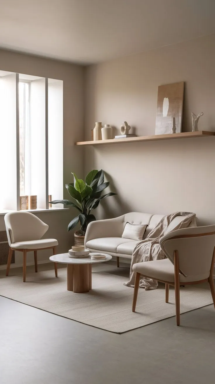 Sunlight streams into a minimalist beige and grey living room featuring a sofa, chair, coffee table, and a touch of greenery.