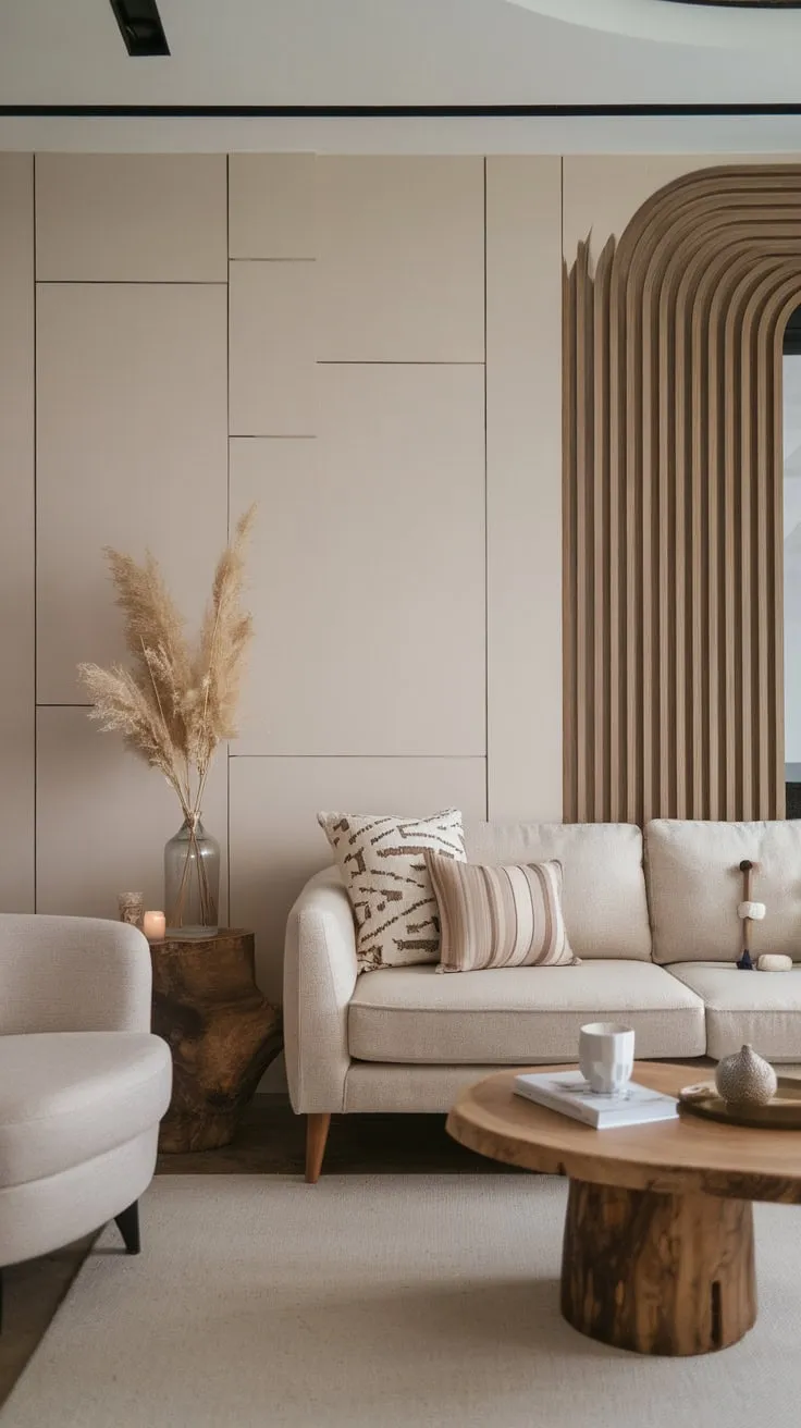 A small apartment's living room is transformed into a stylish and functional space with modern neutral decor and minimalist wooden accents.