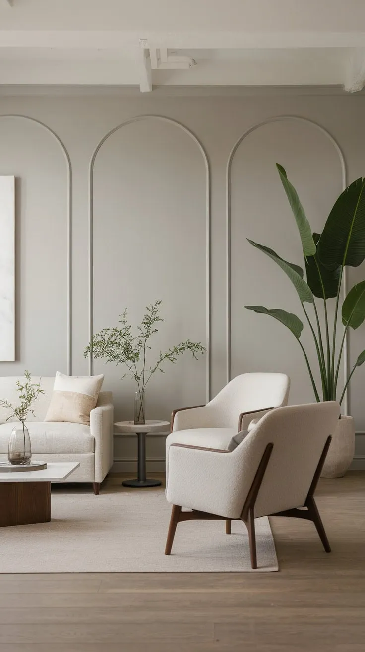 Light gray walls, wood floors, and minimal furniture create a serene modern neutral living room.
