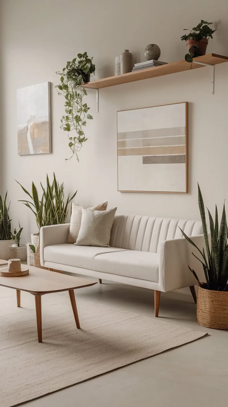 A minimalist white sofa anchors a serene neutral living room, complemented by wood accents, artwork, and pops of greenery.
