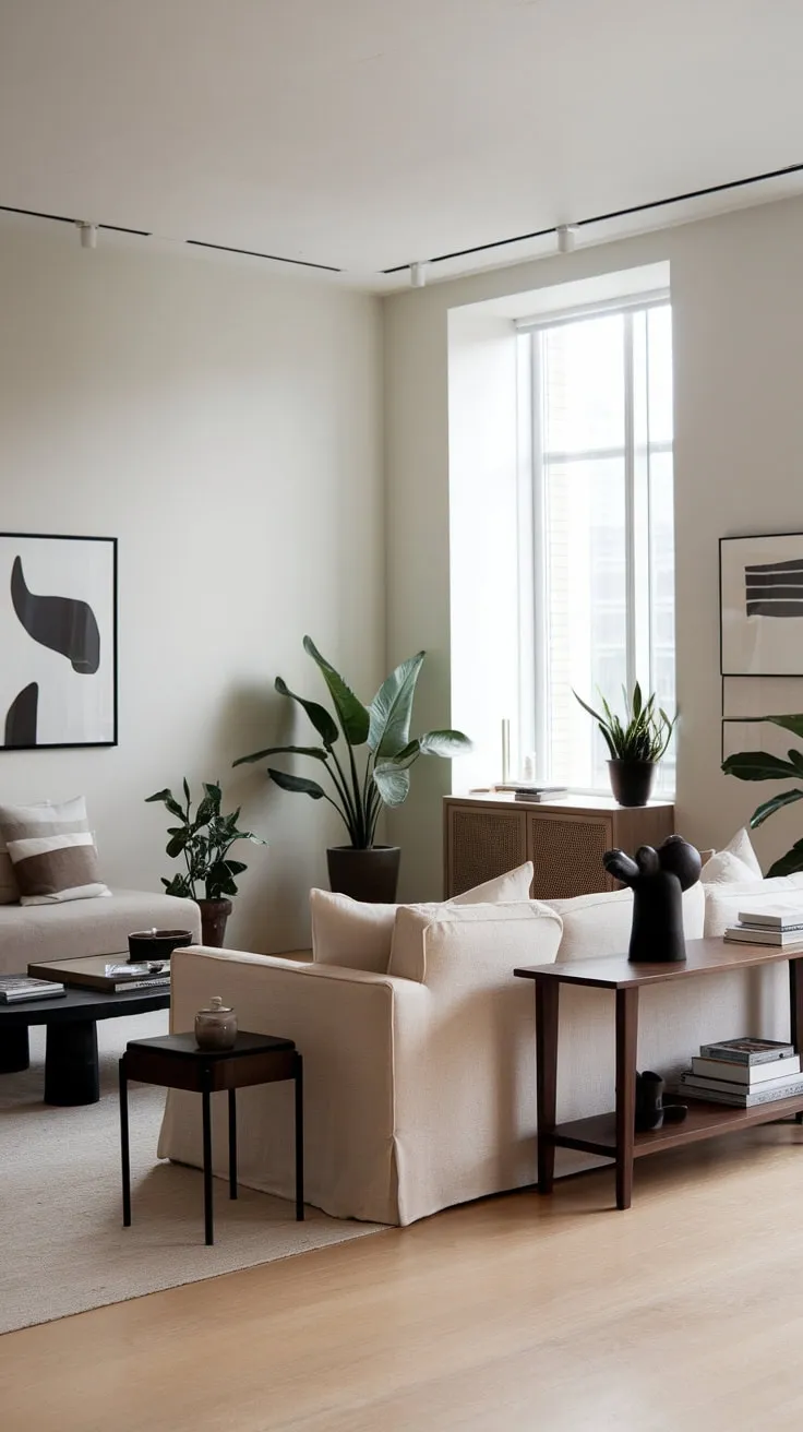 Clean lines and neutral tones define this modern living room, where a few carefully chosen plants and black accents add subtle warmth to the minimalist design.