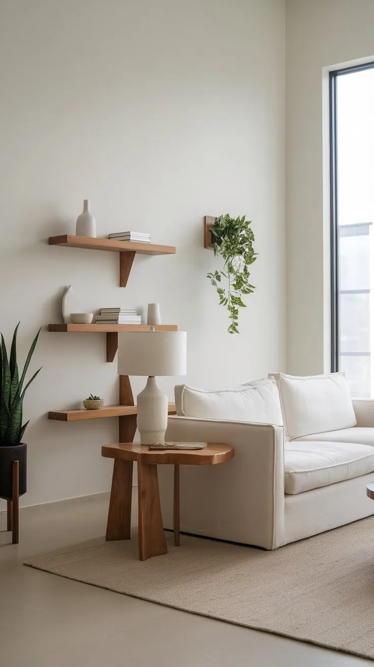 A serene modern living room features a white sofa, natural wood accents, and soft beige flooring bathed in natural light.