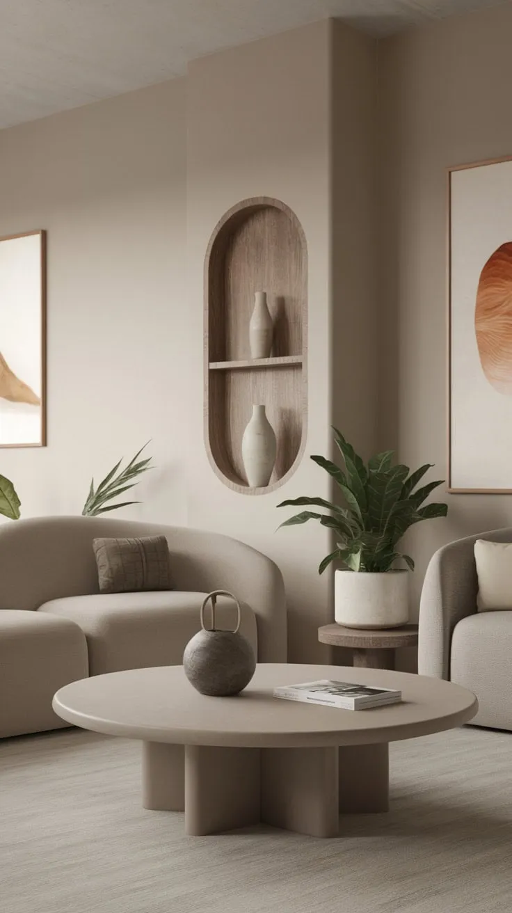 Neutral tones and simple lines define this modern living room's calm, minimalist aesthetic.