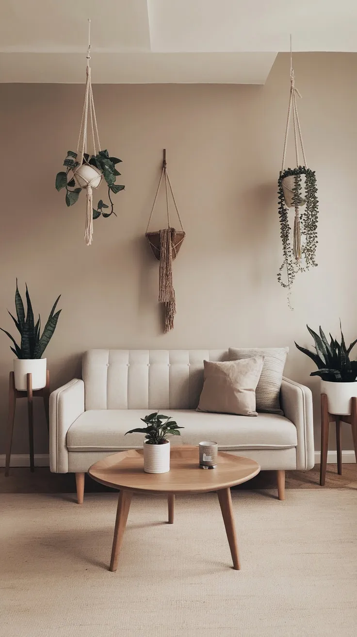 Neutral tones and sparse furnishings define this serene one-bedroom apartment's living space.