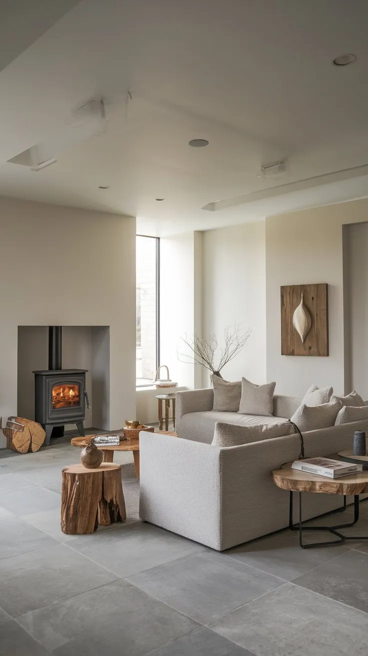 A minimalist modern living room features a plush grey sofa, wood-burning stove, and subtle wood accents against a backdrop of white walls and grey tile flooring.