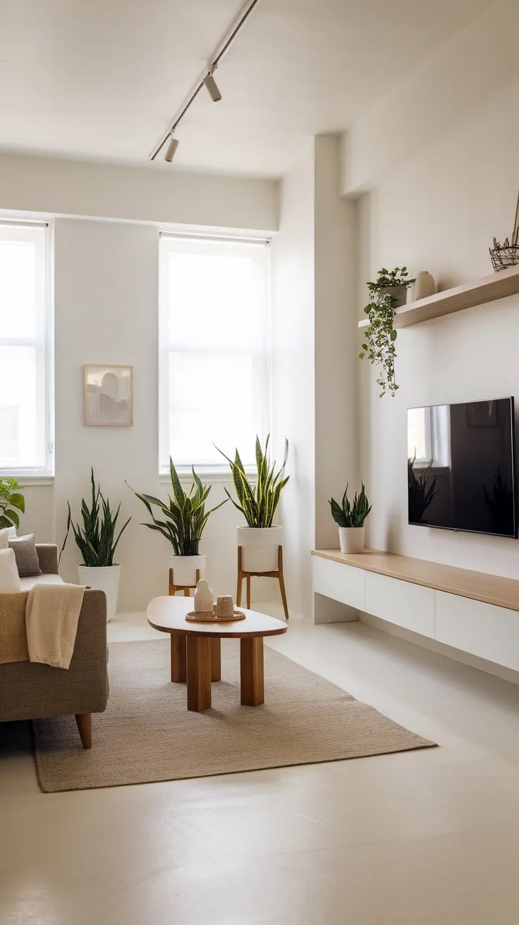 Sunlight streams into a minimalist white living room featuring a neutral palette, sparse furniture, and a few calming plants.