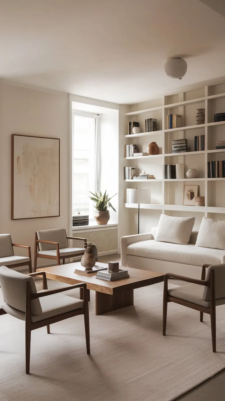 Organic modern accents and a neutral palette create a serene and stylish living space in this minimalist one-bedroom apartment.
