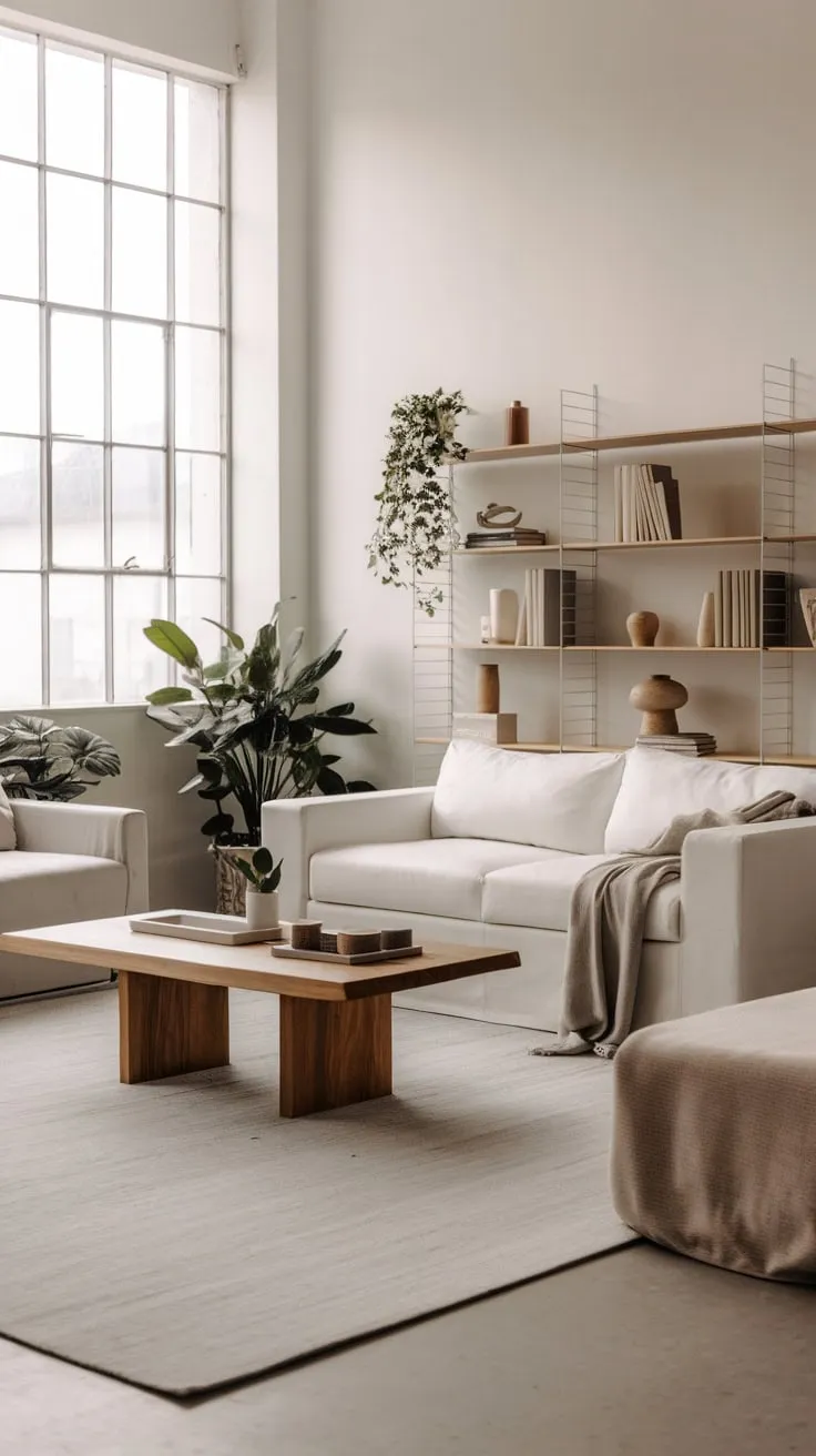 Sunlight streams into a minimalist living room featuring a white sofa, wooden accents, and calming greenery.