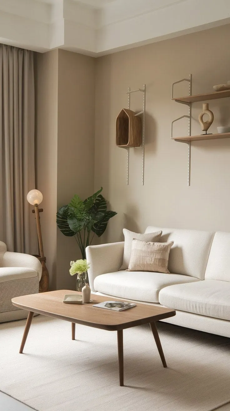 This minimalist living room elegantly showcases the beauty of simplicity, where neutral tones and a single green plant harmonize to create a serene retreat.