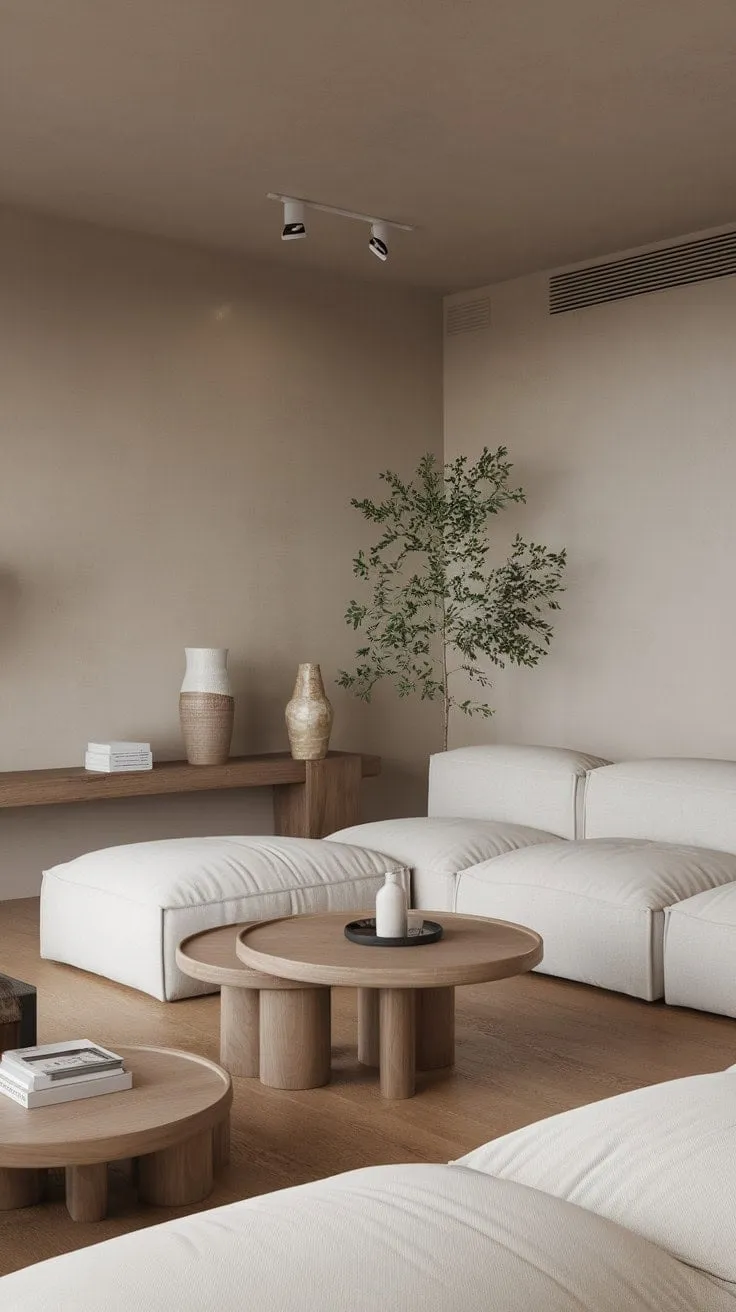 This serene living area, characterized by neutral tones and clean lines, artfully balances space and openness for a mindful retreat.