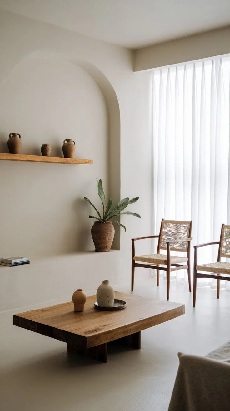 Bathed in sunlight, this minimalist one-bedroom apartment exudes serene elegance with its organic modern decor and inviting ambiance.