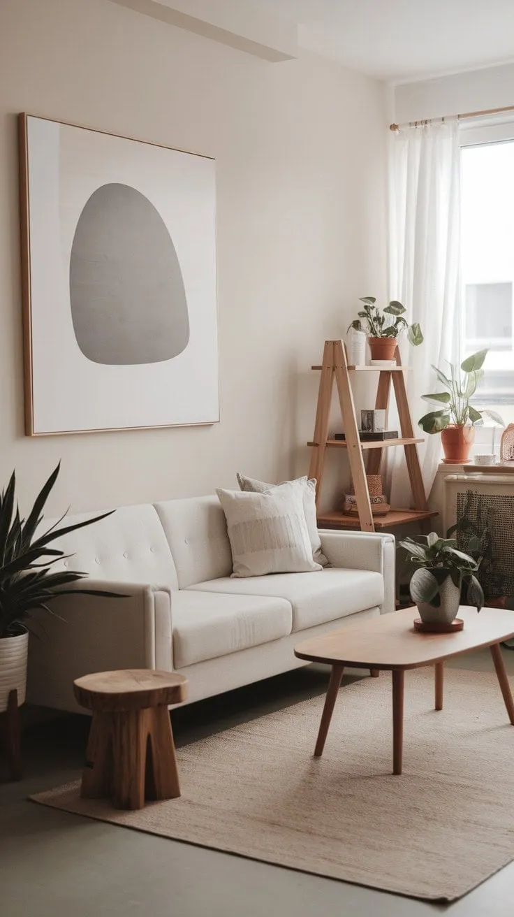 Bathed in sunlight, this minimalist one-bedroom apartment exudes serene elegance through its intentional design and curated decor, creating a perfect sanctuary for relaxation.