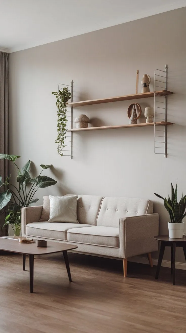 This serene living room exemplifies mindful design through its minimalist elegance and curated decor that balances simplicity with personality.