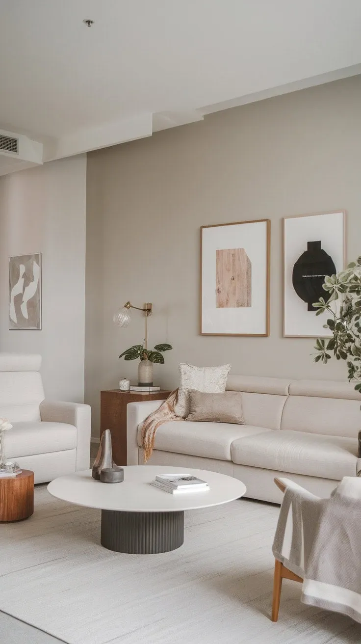 This serene minimalist sanctuary, infused with soft light and natural elements, beautifully illustrates the elegance of simplicity through its calming neutral palette and curated art.