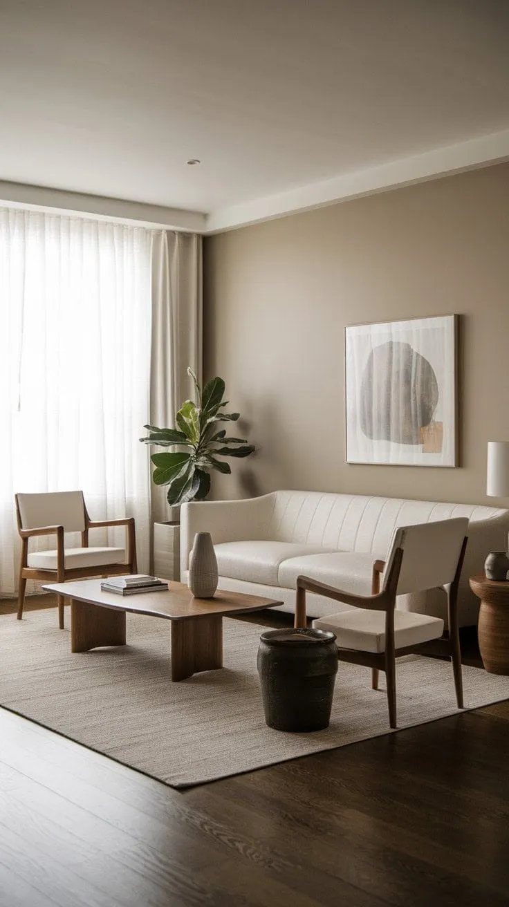 This compact one-bedroom apartment harmoniously blends neutral tones and natural textures, showcasing how mindful design can create a serene and sophisticated retreat.