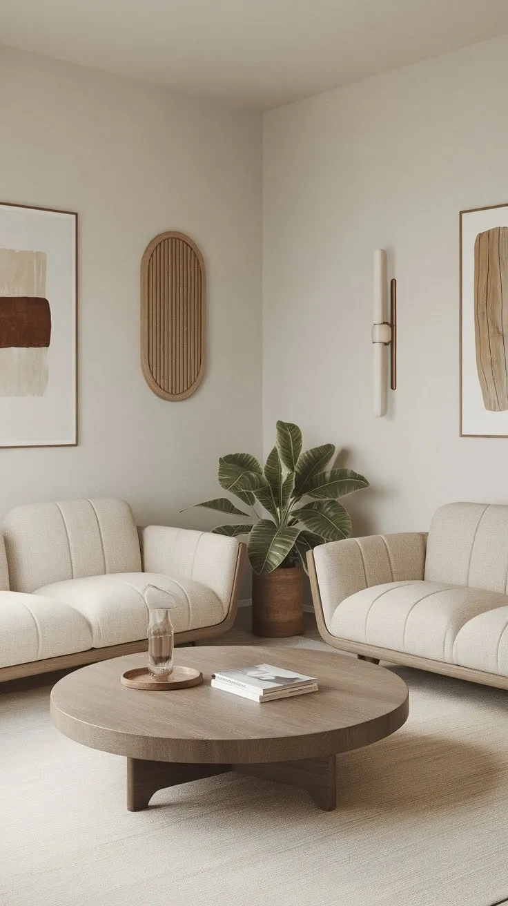 This one-bedroom apartment's living room embodies modern minimalism with its airy, neutral palette and thoughtfully curated décor, radiating effortless elegance and tranquility.