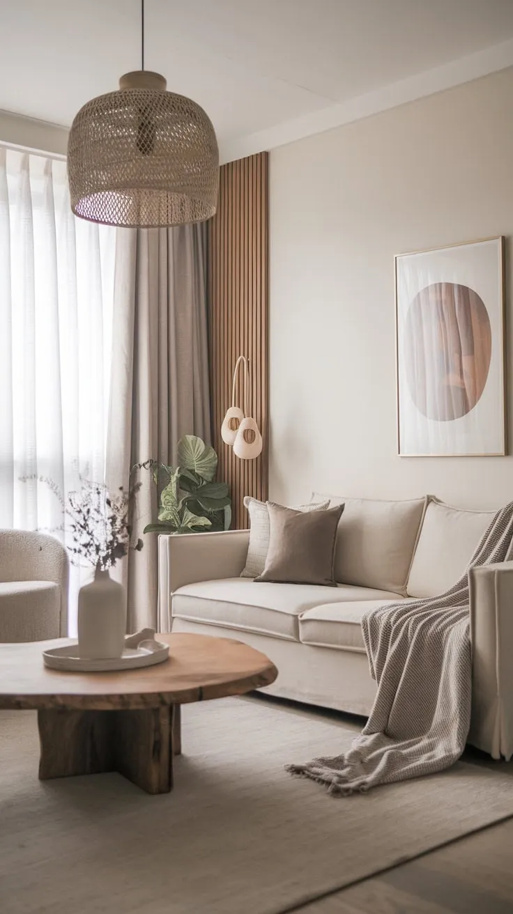 A small modern living room showcases organic neutral decor and minimalist design with warm wood accents.