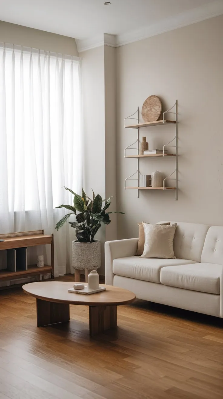 A calming white and wood modern living room exudes minimalist style with carefully chosen accents.