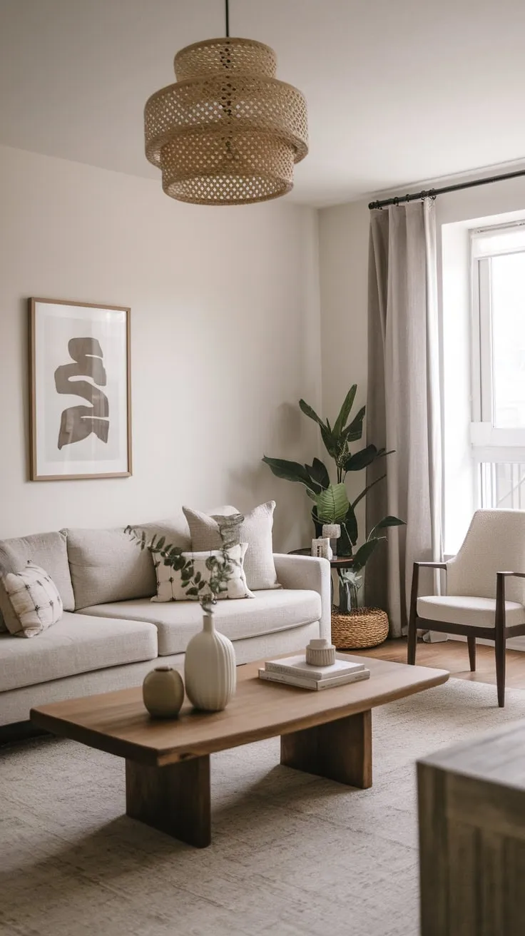 Organic neutral tones and wood create a calming, modern aesthetic in this compact yet stylish living room.