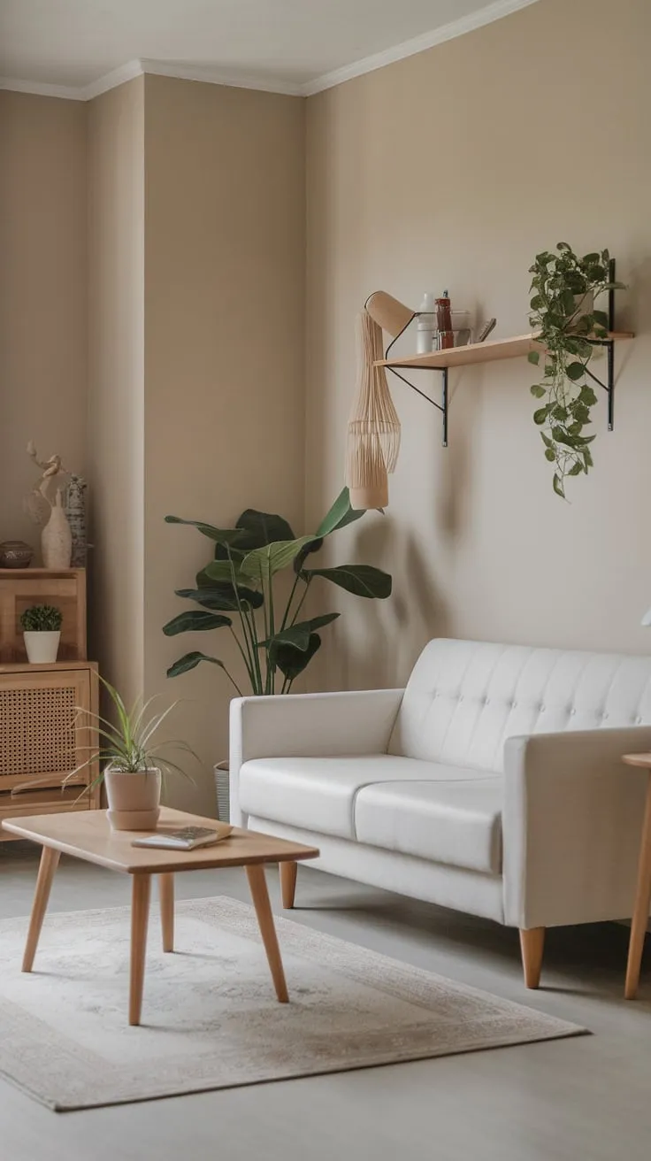 A beige-walled living room showcases a white sofa, wooden coffee table, and simple decor for a calming modern aesthetic.