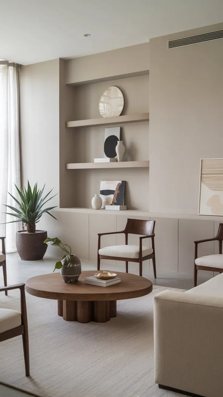A modern neutral living room showcases minimalist design with a wooden coffee table, a few chairs, and carefully chosen artwork against a calming grey backdrop.