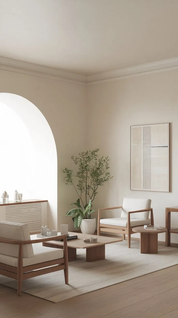 Clean lines and natural wood define this minimalist neutral living room's serene atmosphere