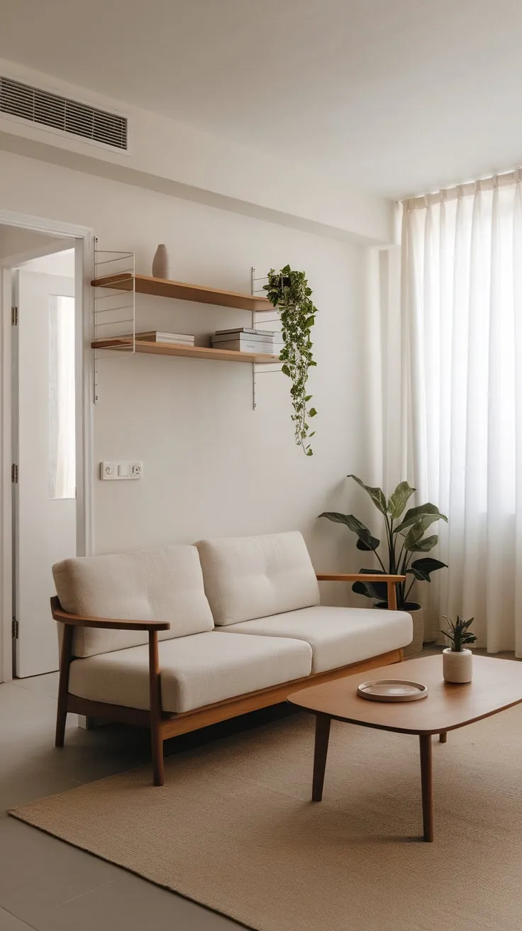 Minimalist furniture and neutral tones create a serene modern living space in this compact apartment