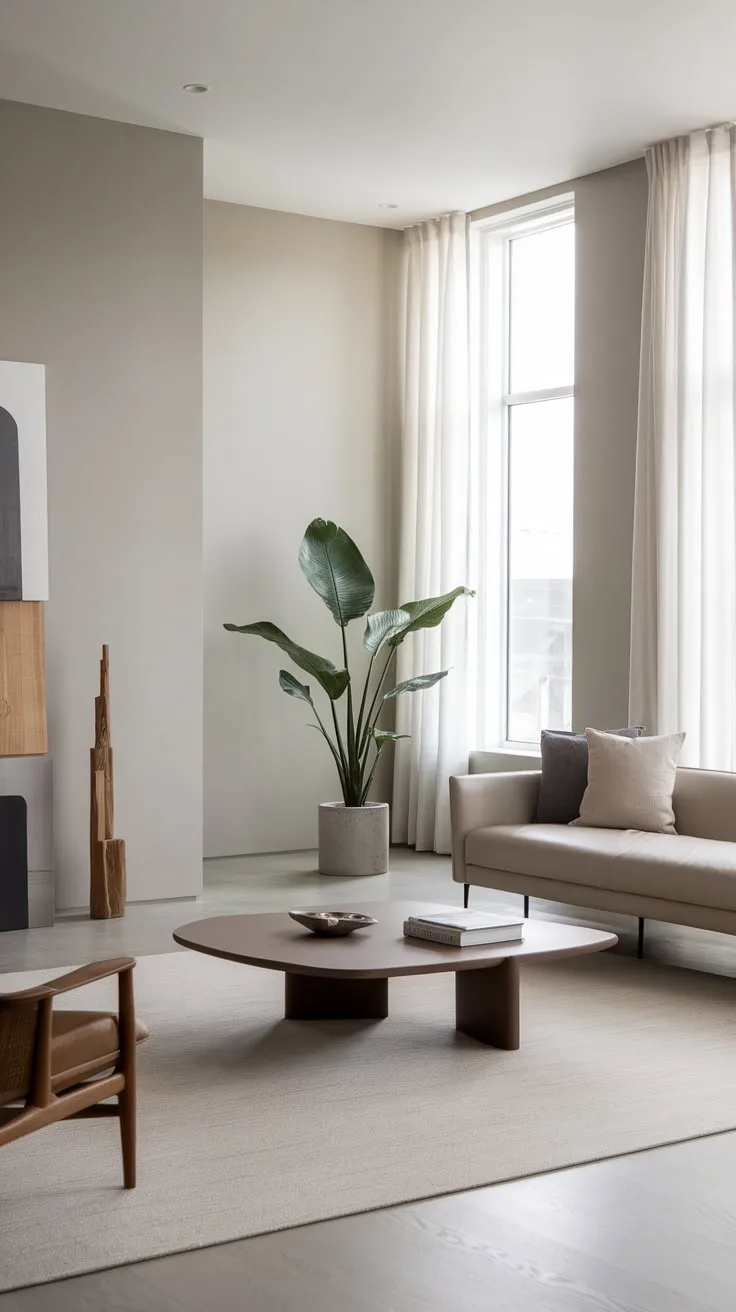Light grey walls, light wood floors, and minimal furniture create a serene modern neutral living room.