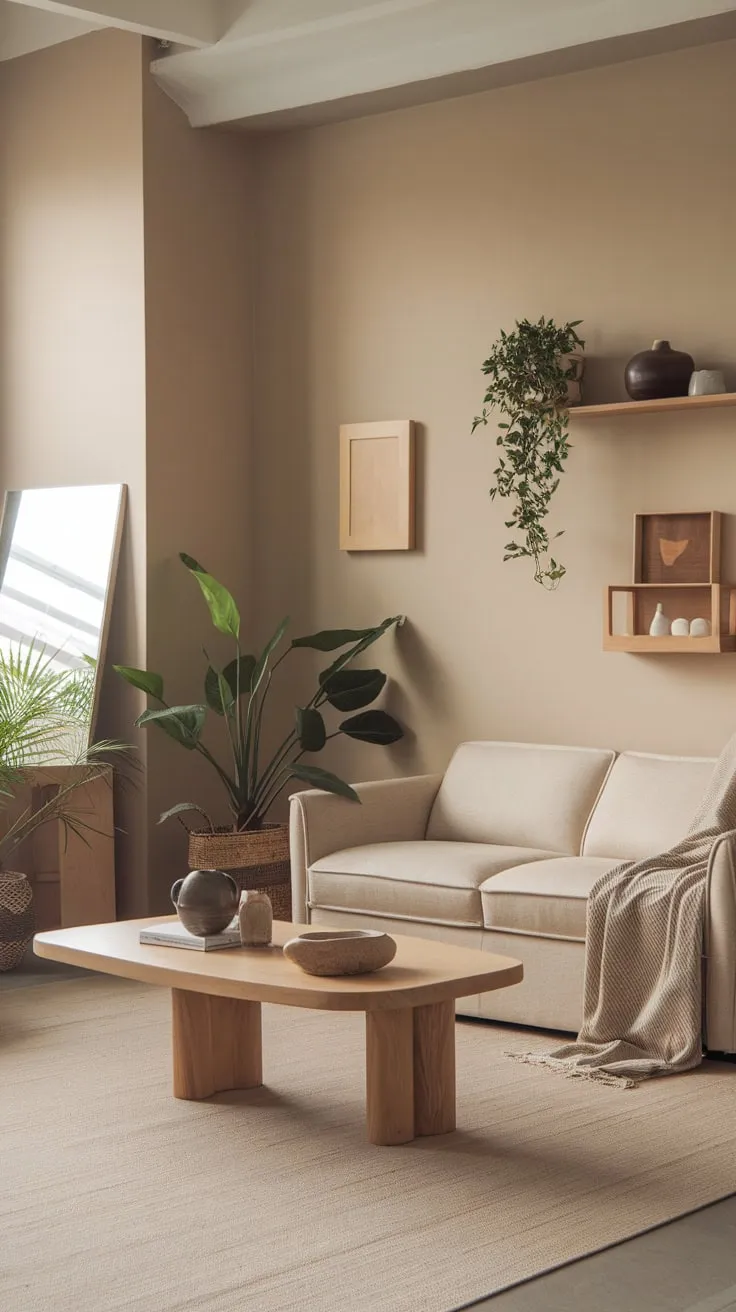 Soft lighting illuminates a minimalist beige living room featuring organic textures and wood accents in a calming one-bedroom apartment layout