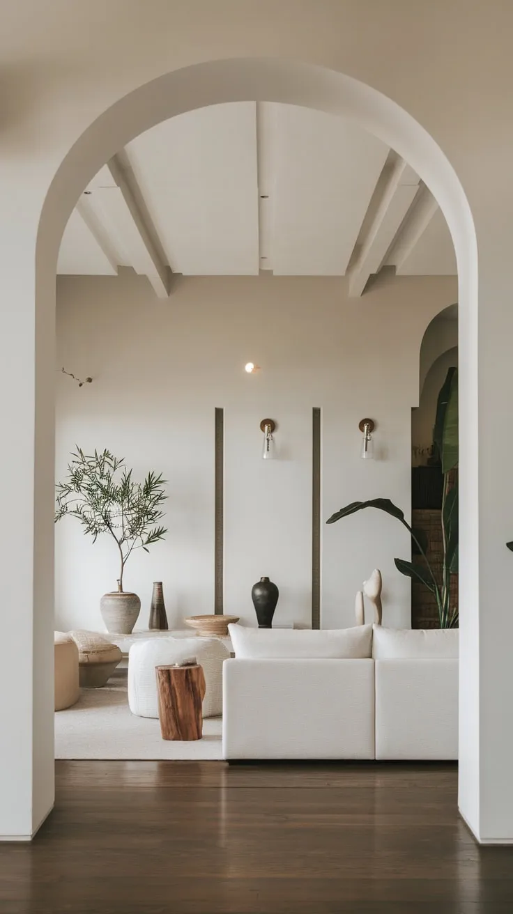 A serene white living room features dark wood floors and subtle natural elements for a functional, minimalist aesthetic.